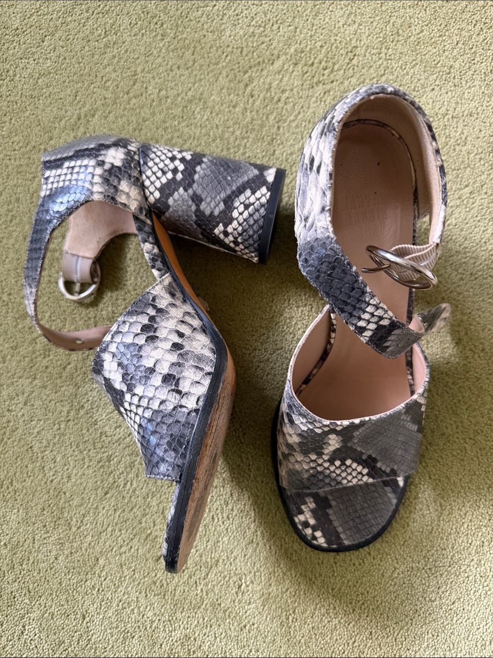 MNZ Snake-Print Block Heel Sandals in grey